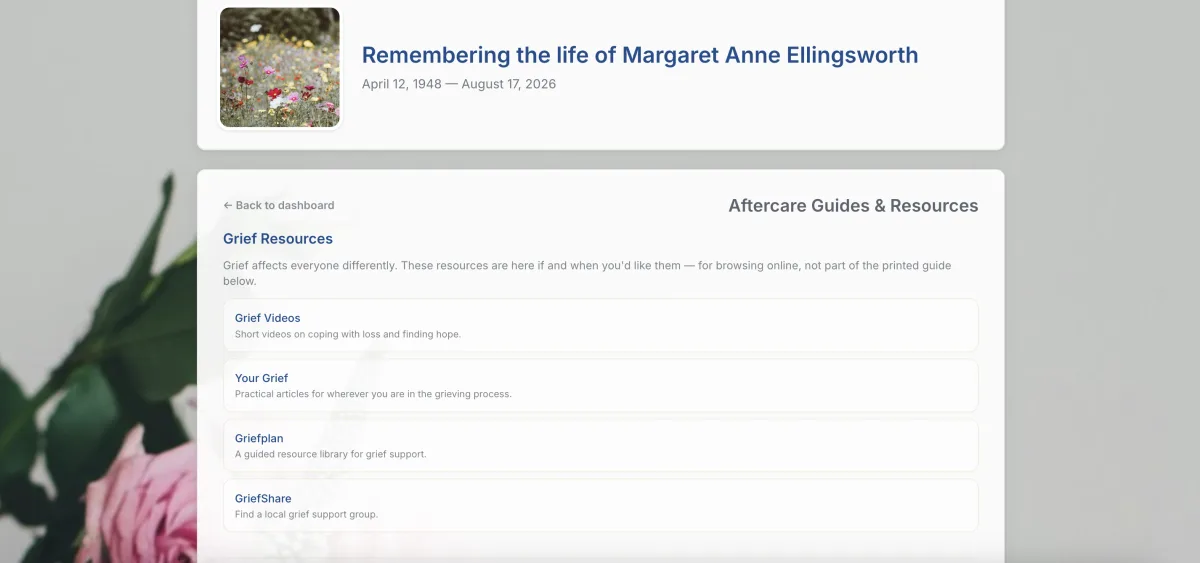 The MemoriaOS aftercare and grief resources page