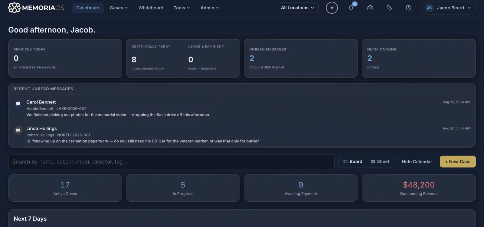 The MemoriaOS dashboard in dark mode