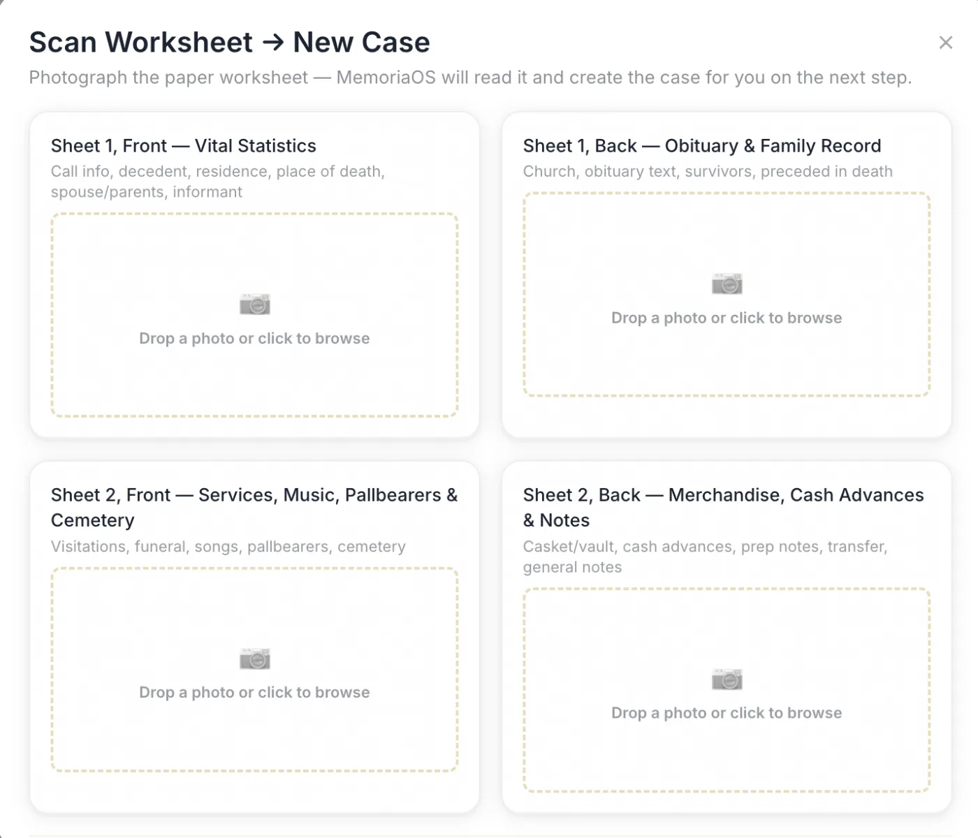 Scanning a paper arrangement worksheet into a new MemoriaOS case