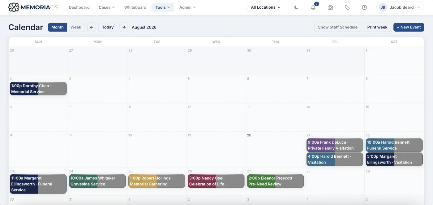 MemoriaOS staff scheduling calendar