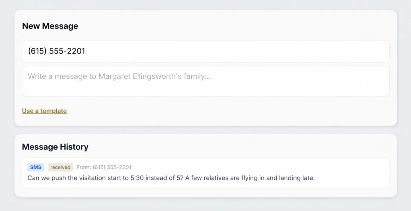 MemoriaOS family communication thread tied to a case