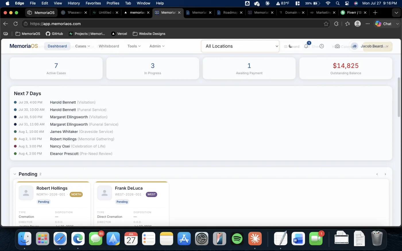 MemoriaOS case dashboard showing active cases at a glance